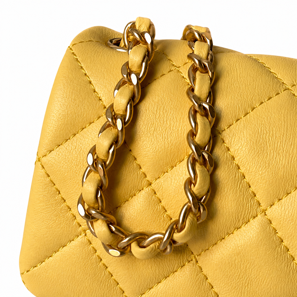 Chanel Pearl Crush Mini Flap Bag Butter Yellow Lambskin Aged Gold CC Turn-Lock Ball Charm Chain 20cm
