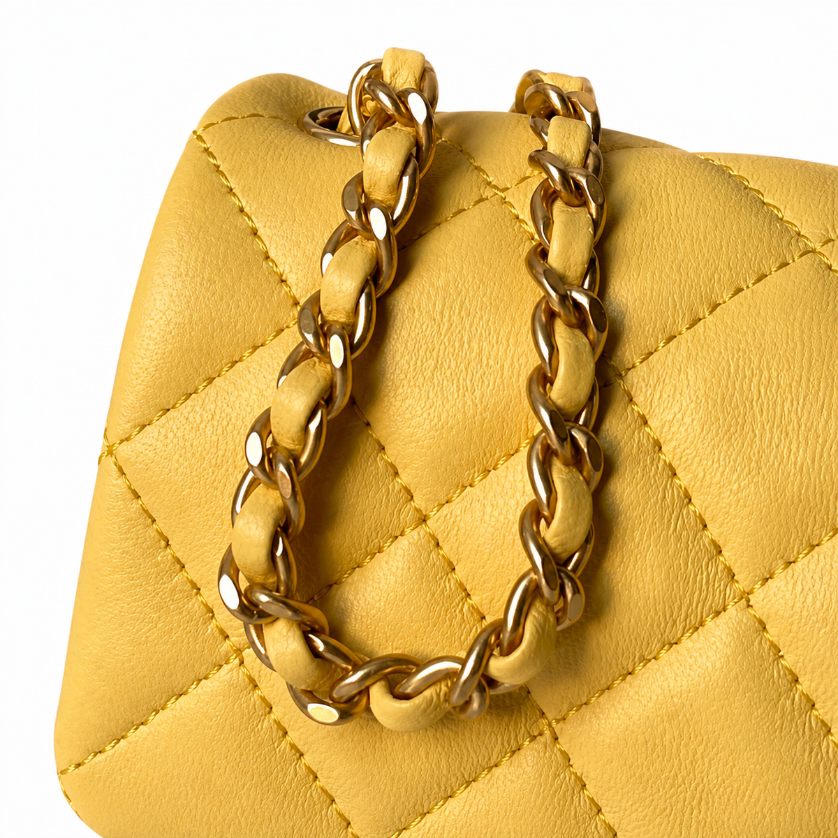 Chanel Pearl Crush Mini Flap Bag Butter Yellow Lambskin Aged Gold CC Turn-Lock Ball Charm Chain 20cm