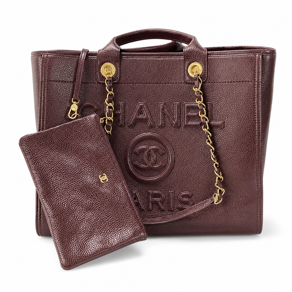 CHANEL Deauville Shopping Tote – Burgundy Caviar Leather Gold Hardware with Detachable CC Pouch 30×50×21cm