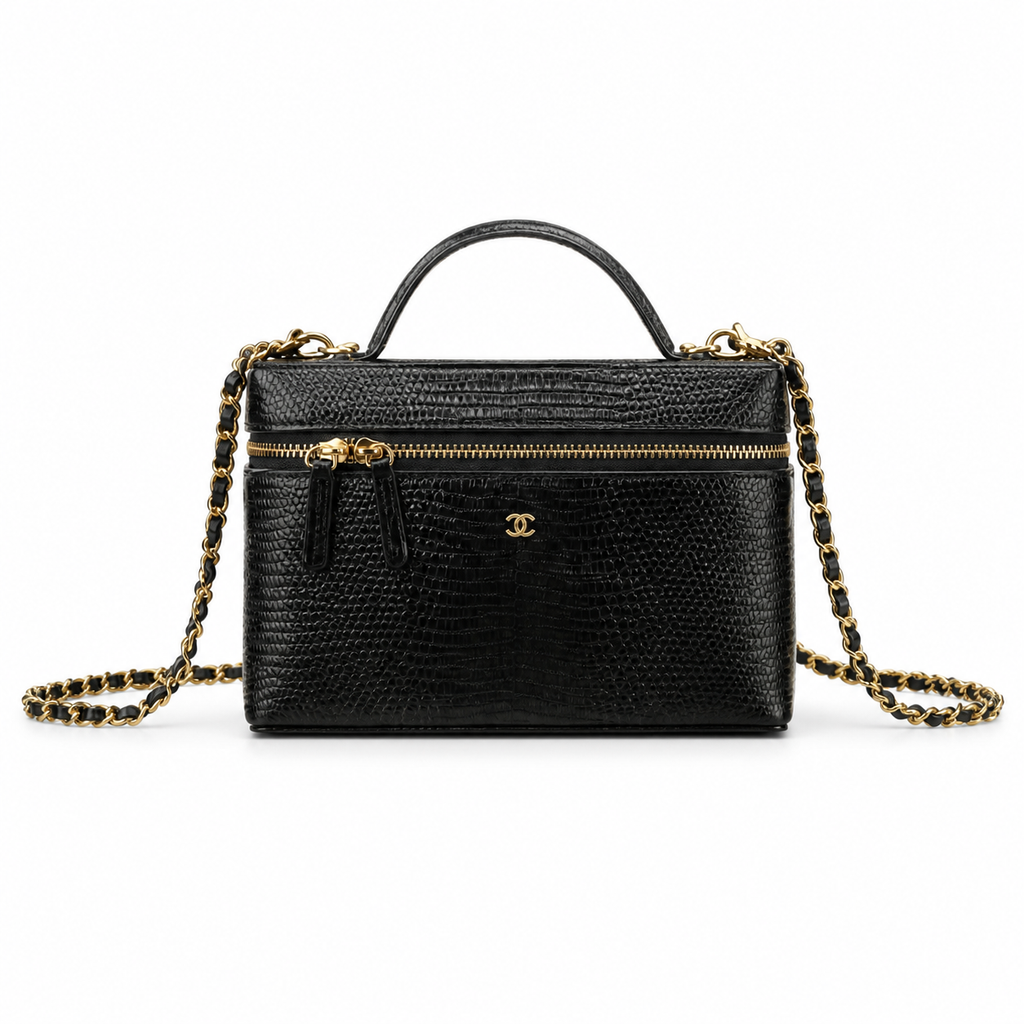 CHANEL Black Lizard-Embossed Leather Vanity Case Dual Zip Top Handle Chain Bag