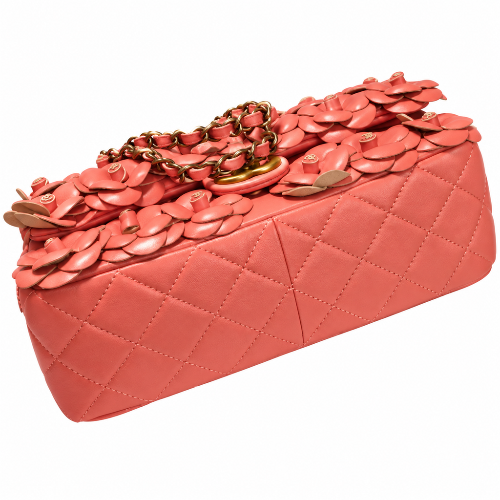 CHANEL Coral Pink Camellia Leather Appliqué Flap Bag Gold Chain