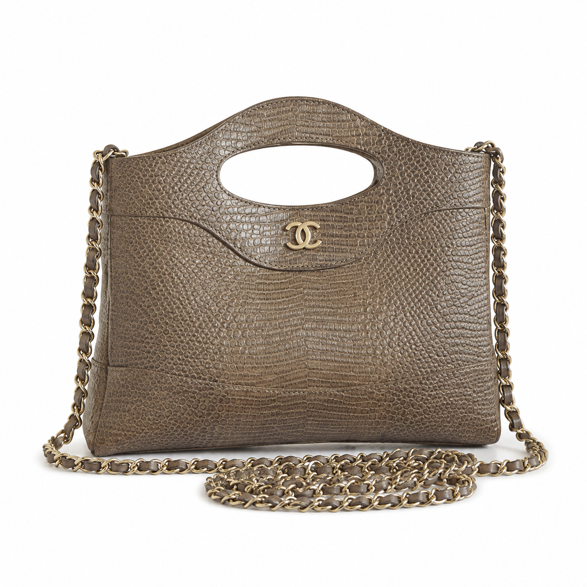 Chanel 31 Khaki Lizard-Embossed Leather Bag with Gold Chain