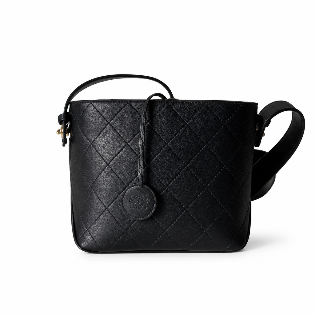 Chanel Black Quilted Leather Bucket Crossbody Bag | Leather CC Medallion | Top Handle & Strap | 20×18×12cm