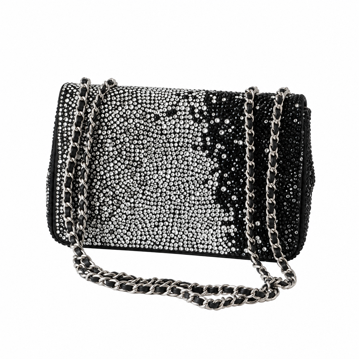 Chanel Black & Silver Crystal Leopard Print Rhinestone Mini Flap Evening Bag | Silver CC | Chain | 20cm