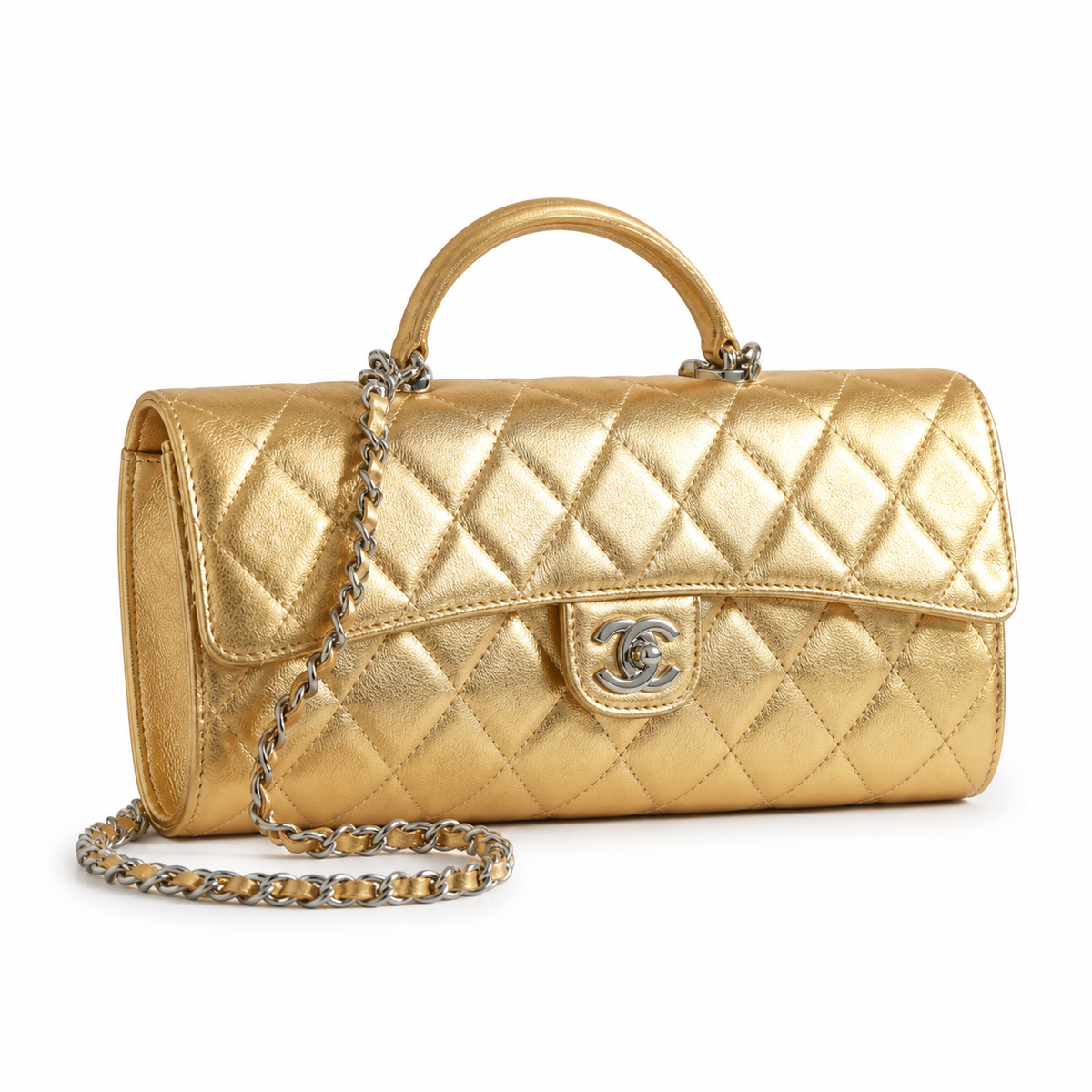 Chanel Gold Quilted Metallic Leather Elongated Flap Bag | CC Lock | 9.5×25×5cm
