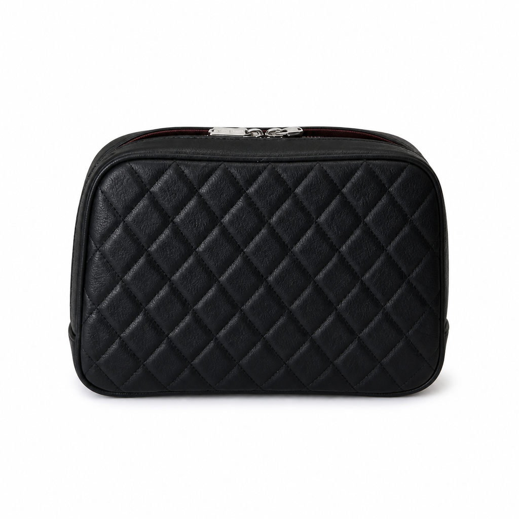 Chanel Black Caviar Quilted Zip-Around Vanity Case Silver CC Logo Double Zipper Silver Hardware 21cm