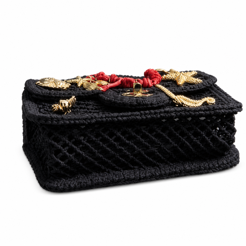 CHANEL Black Crochet Woven Flap Bag Gold Marine Charm Embellishments