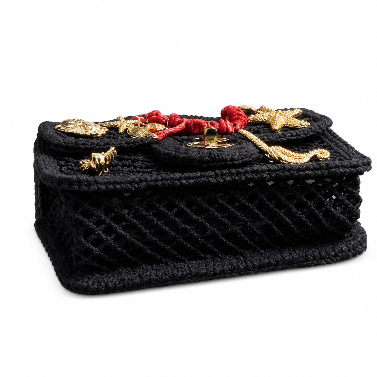 CHANEL Black Crochet Woven Flap Bag Gold Marine Charm Embellishments