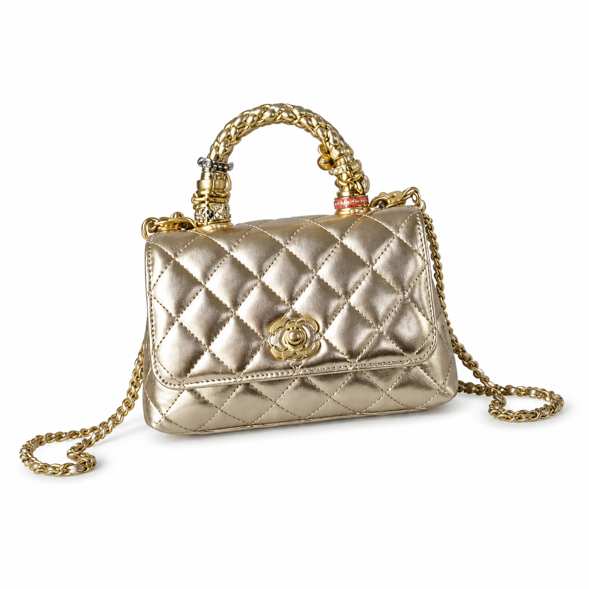 CHANEL Champagne Gold Quilted Leather Jewel Top Handle Flap Bag