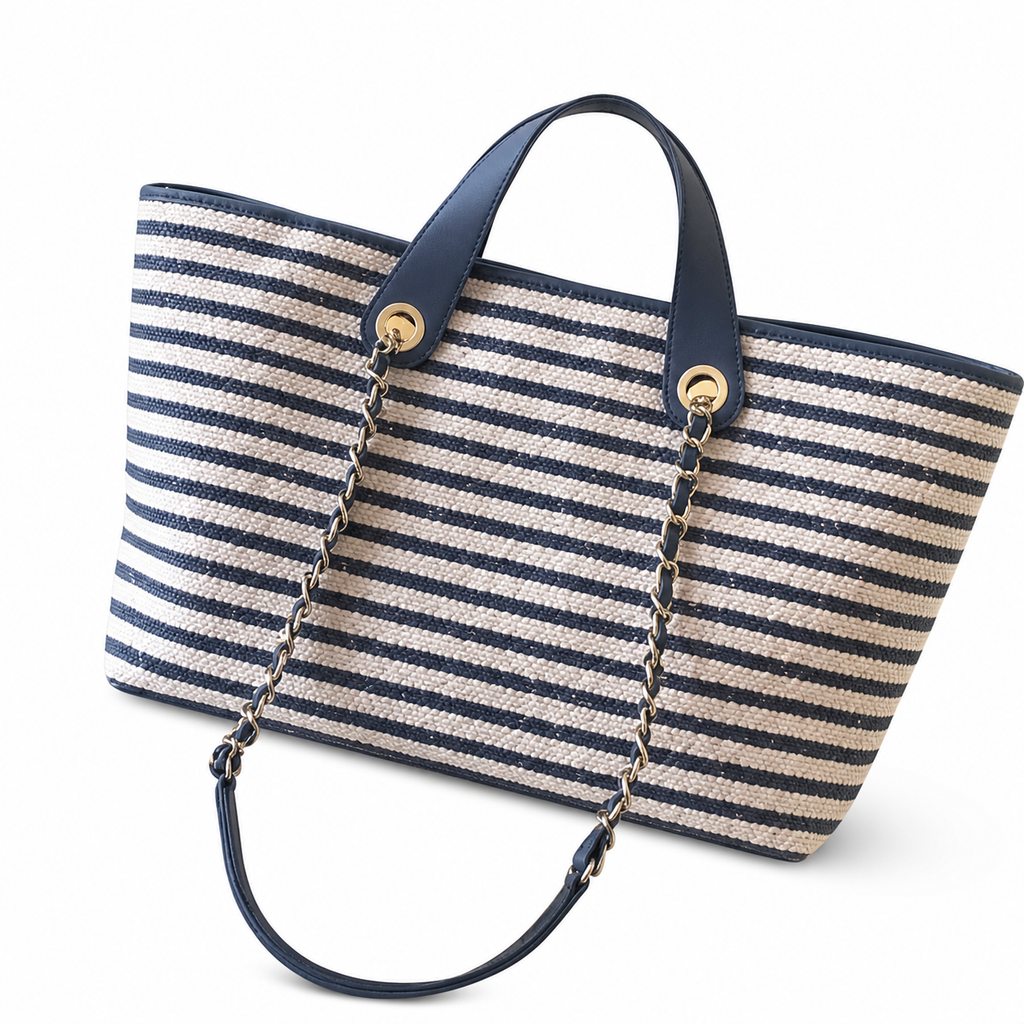 Chanel Navy & Ivory Stripe Woven Large Shopping Tote | Gold CC | Navy Leather & Chain | 25×46×13cm