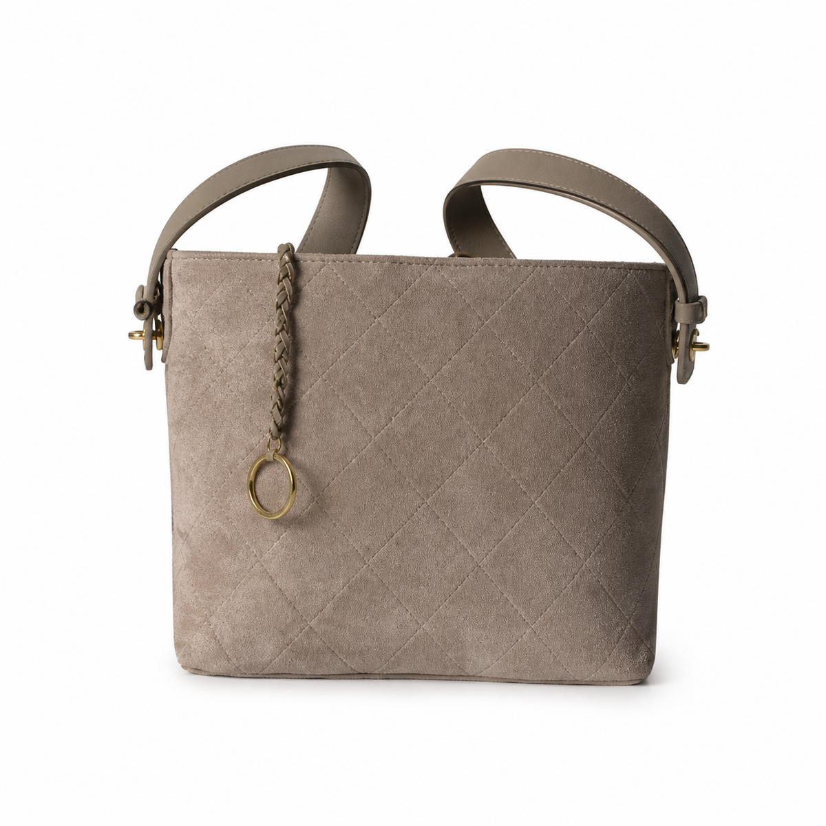 Chanel Greige Suede Quilted Square Shoulder Bag | Braided Leather & Gold Ring Charm | Adjustable Strap | 27.5×21×10cm