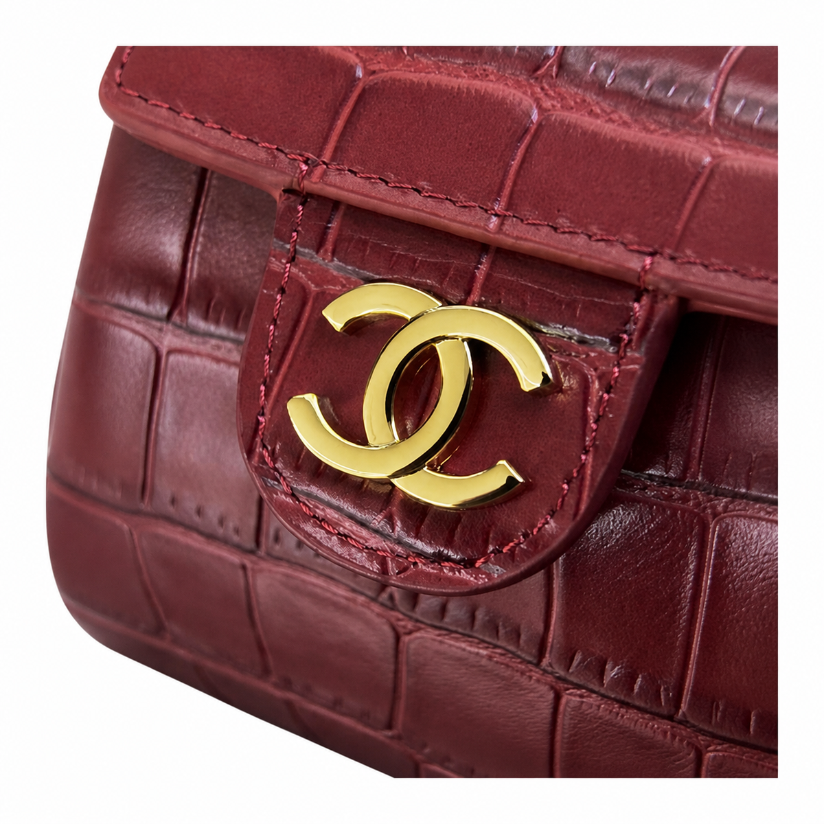 Chanel Burgundy Croc-Embossed Leather Barrel Flap Handbag | Gold CC | 11×23×12.5cm