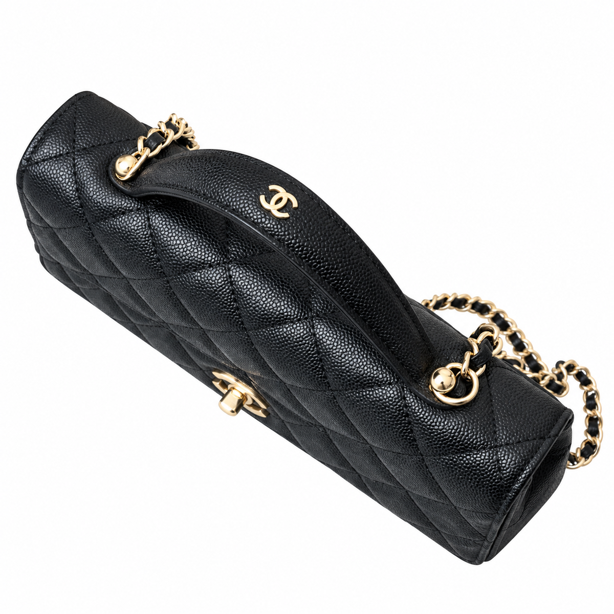 Chanel Mini Flap Bag with Top Handle Black Caviar Leather Gold CC Hardware 18.5cm