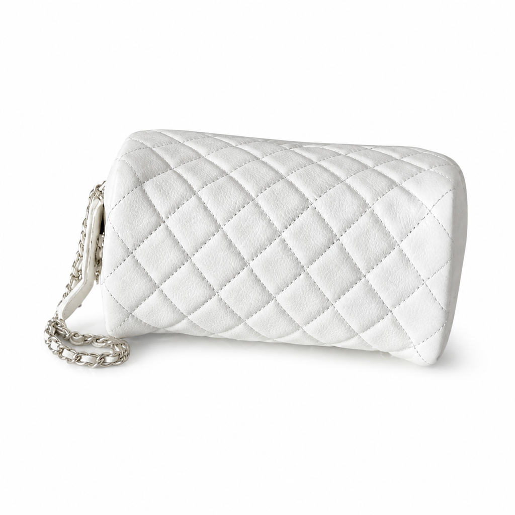 Chanel White Caviar Quilted Round Cylinder Clutch Tube Bag Gold CC Logo Silver Chain Strap 18cm