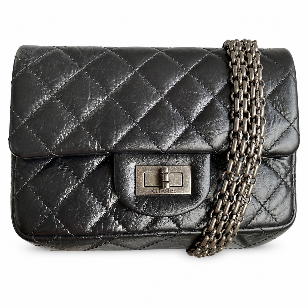 Chanel 2.55 Reissue 224 Mini Flap Bag Black Aged Calfskin Ruthenium Hardware 16cm