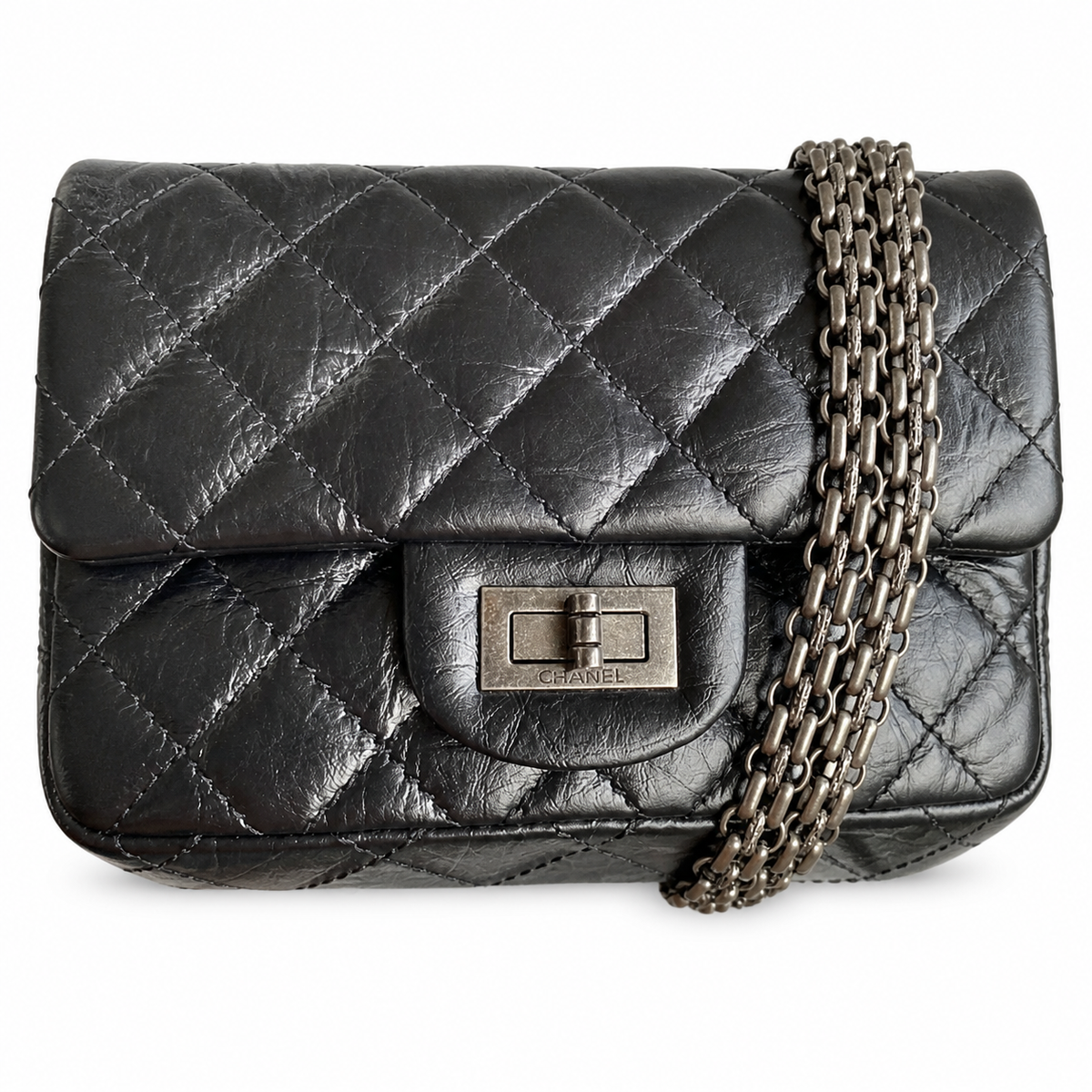 Chanel 2.55 Reissue 224 Mini Flap Bag Black Aged Calfskin Ruthenium Hardware 16cm