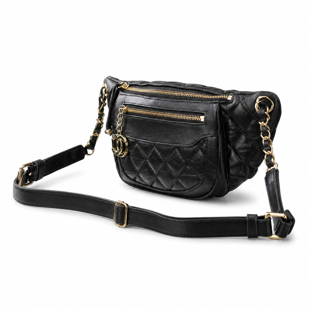 Chanel Vintage Quilted Black Leather Belt Bag Waist Bag CC Charm Double Zip Gold Chain Crossbody 34cm