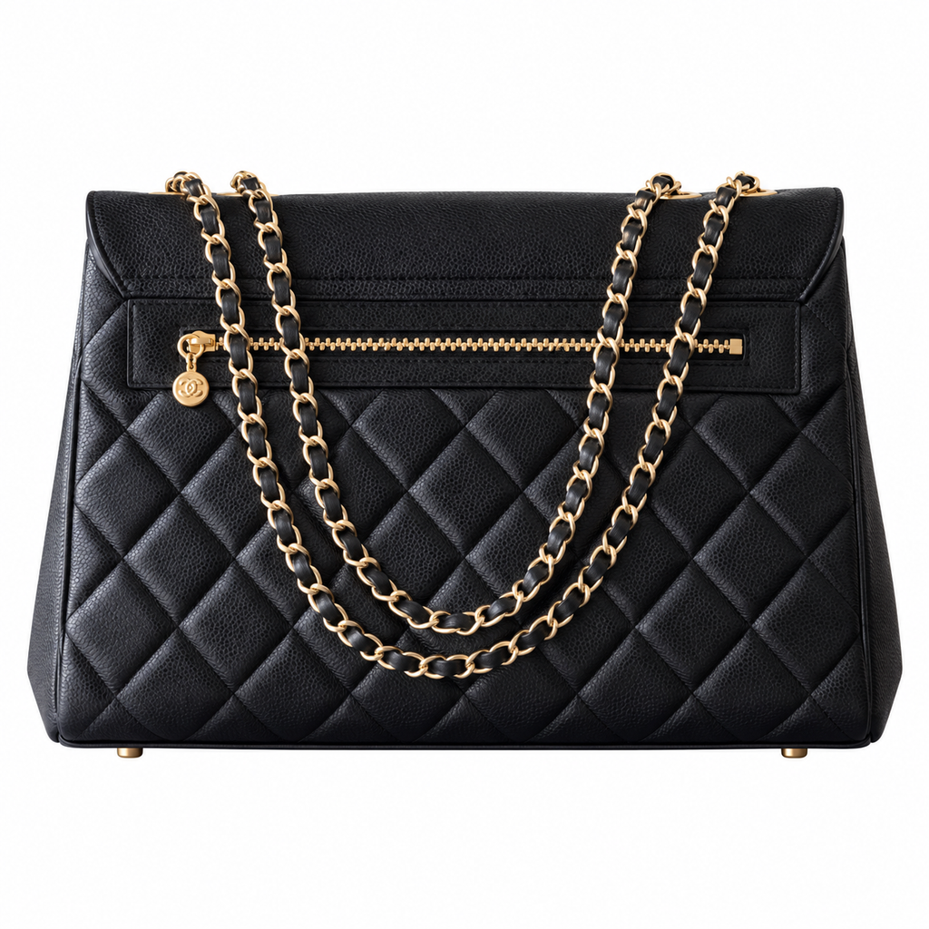 Chanel Black Caviar Quilted Medallion Shopping Shoulder Bag | Gold Chain | Back Zip Pocket | 33×11×23cm