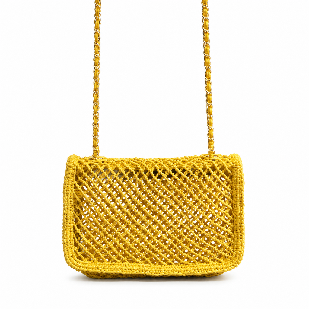 CHANEL Sunshine Yellow Crochet Open Mesh Flap Bag Gold Chain