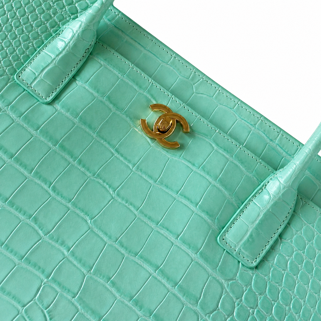 Chanel Mint Green Crocodile Embossed Leather Executive Tote Bag | Gold CC | Dual Handles | 39×20×13cm