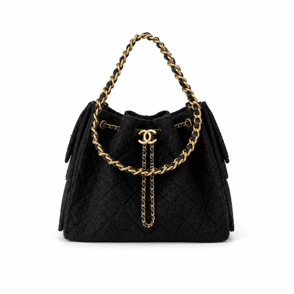 Chanel Black Tweed Drawstring Bucket Bag Aged Gold CC Chain Large 30cm