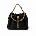 Chanel Black Tweed Drawstring Bucket Bag Aged Gold CC Chain Large 30cm