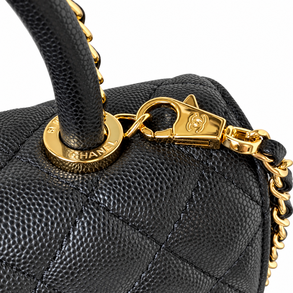 Chanel Black Caviar Quilted Top Handle Crossbody Bag Polished Gold Hardware CHANEL-Engraved Ring CC Lobster Clasp 23cm