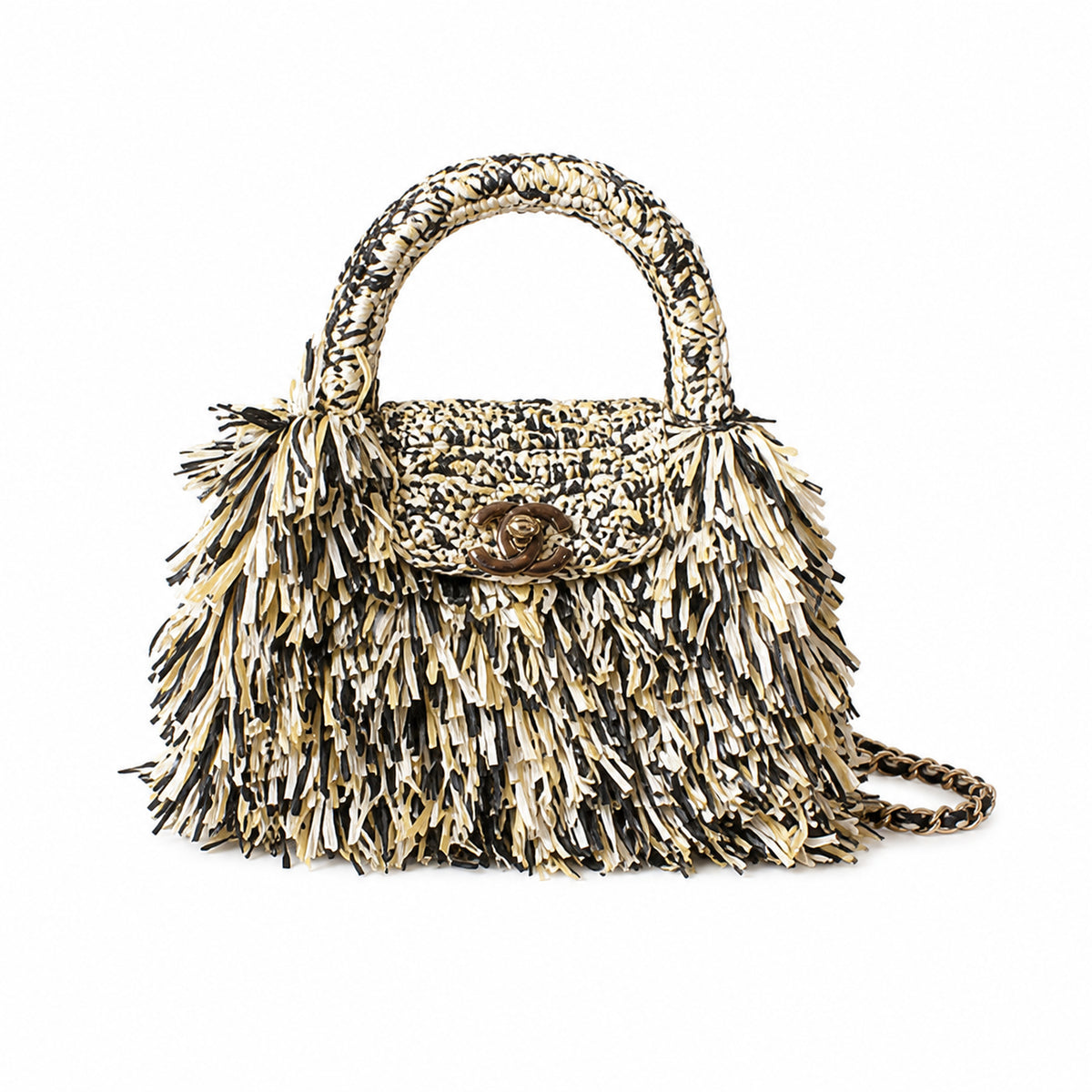 Chanel Black White Raffia Fringe Flap Bag Tortoiseshell CC Chain Cruise