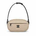 Chanel Beige Canvas Oval Sport Shoulder Bag | Black CC | Adjustable Strap | 17×32×13cm