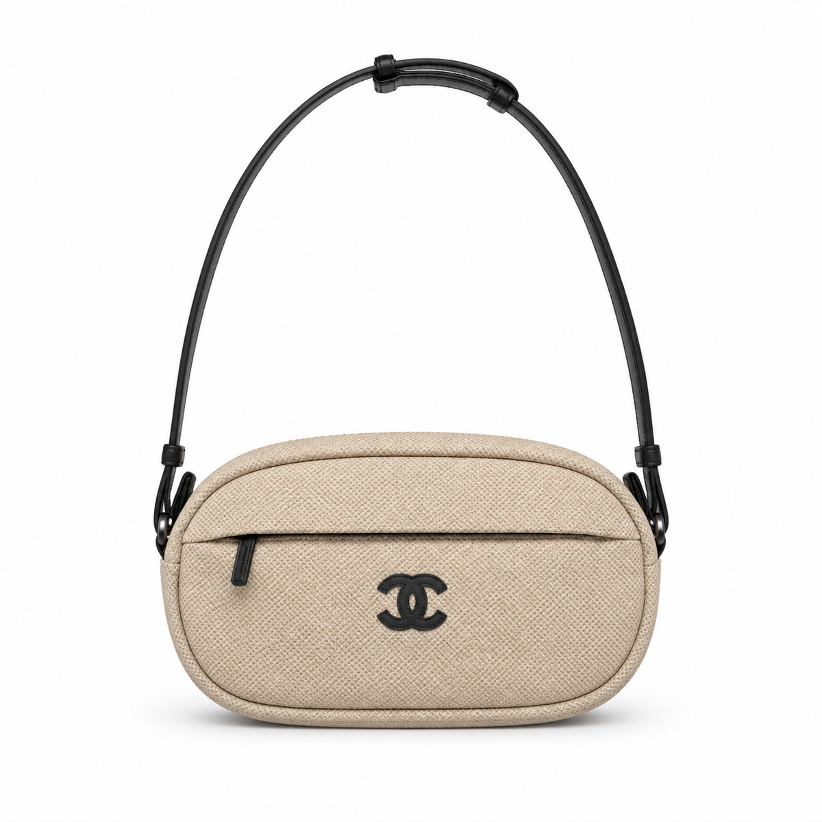 Chanel Beige Canvas Oval Sport Shoulder Bag | Black CC | Adjustable Strap | 17×32×13cm