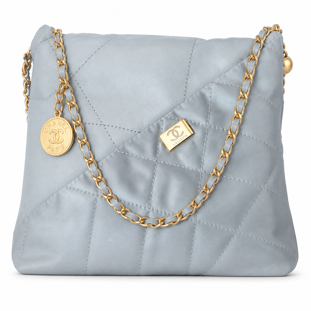 Chanel 22 Large Bag Pale Blue Grey Quilted Calfskin Gold Chain CC Medallion 35cm
