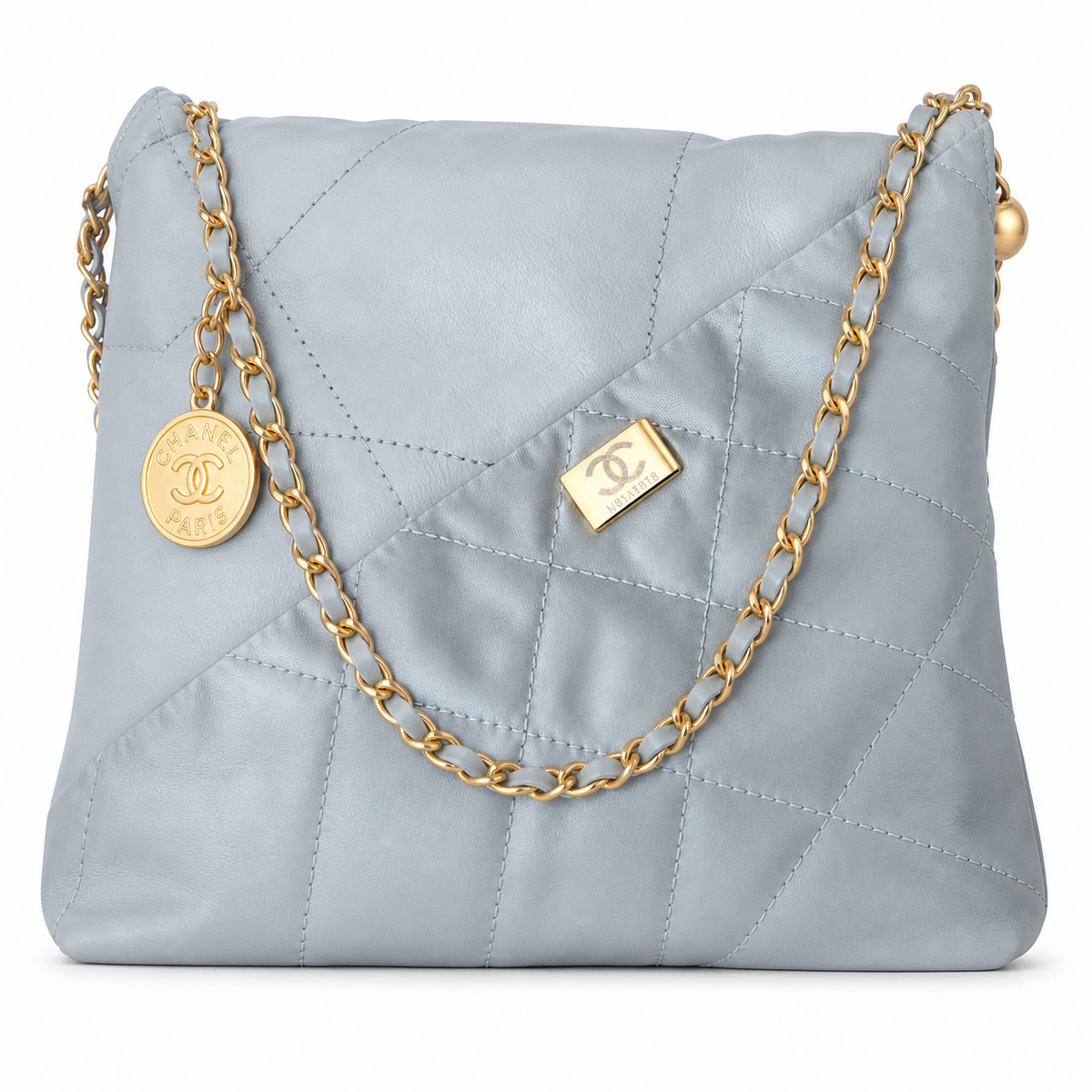 Chanel 22 Large Bag Pale Blue Grey Quilted Calfskin Gold Chain CC Medallion 35cm