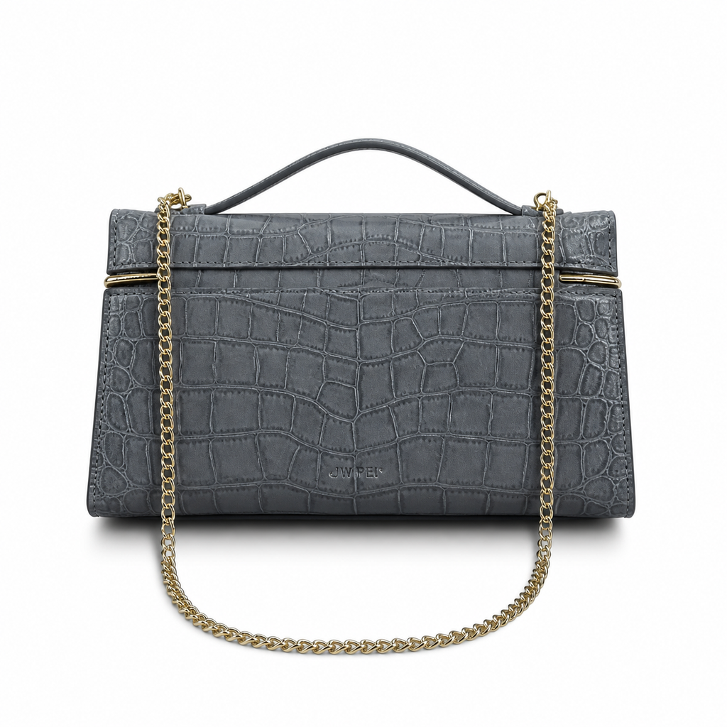 Chanel Flap Bag | Grey Crocodile-Embossed Leather Gold Chain Strap | Made in Italy