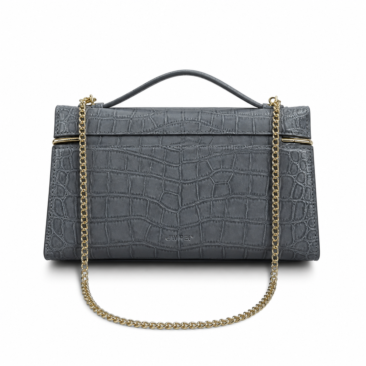 Chanel Flap Bag | Grey Crocodile-Embossed Leather Gold Chain Strap | Made in Italy