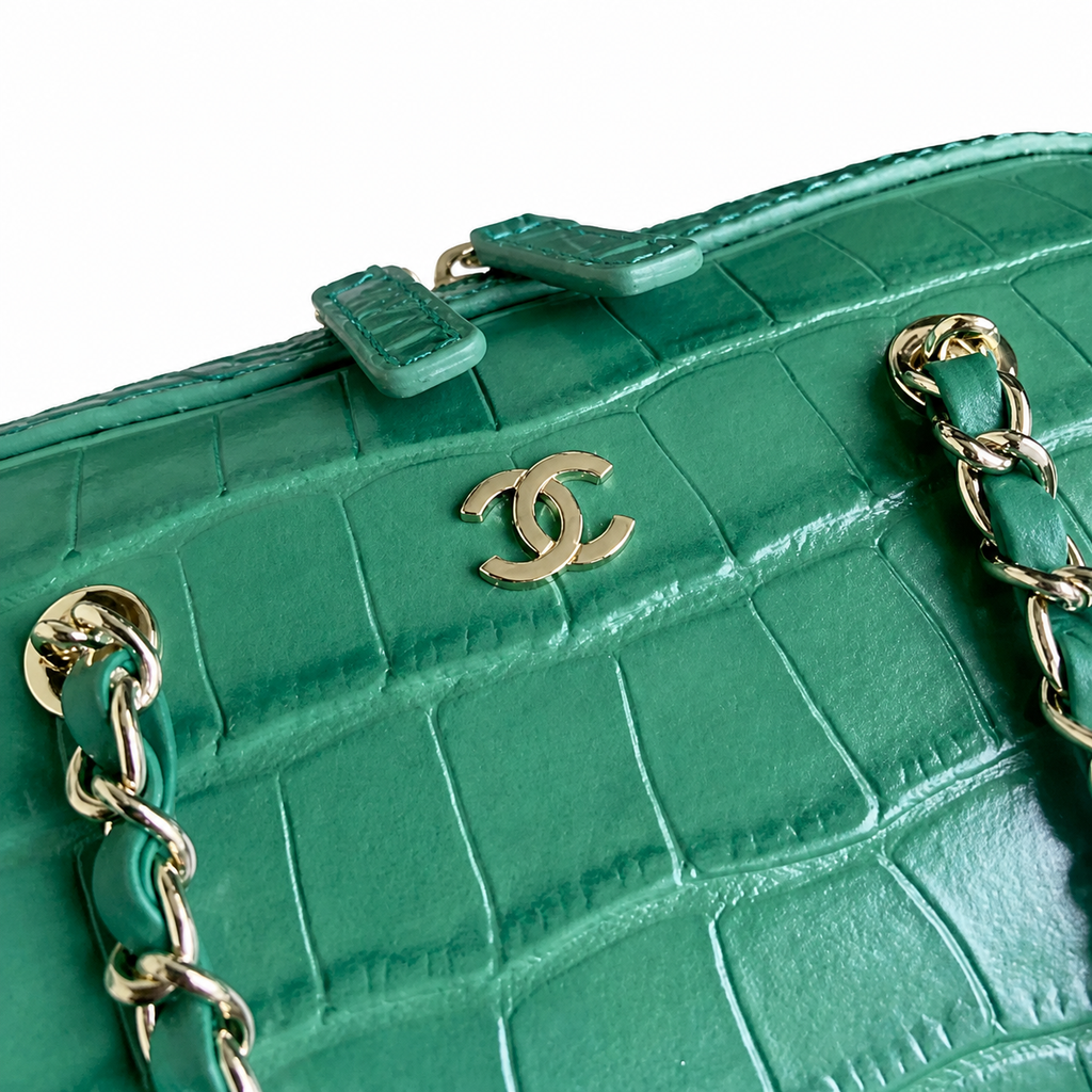 Chanel Jade Green Croc-Embossed Camera Bag | Gold CC Badge & Burgundy Interior