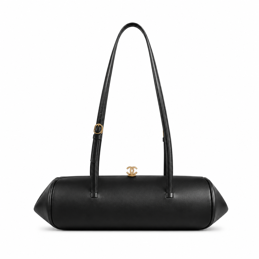 Chanel Vintage Black Smooth Calfskin Torpedo Barrel Shoulder Bag 3D Sculptural CC Clasp Dual Slim Strap 36cm