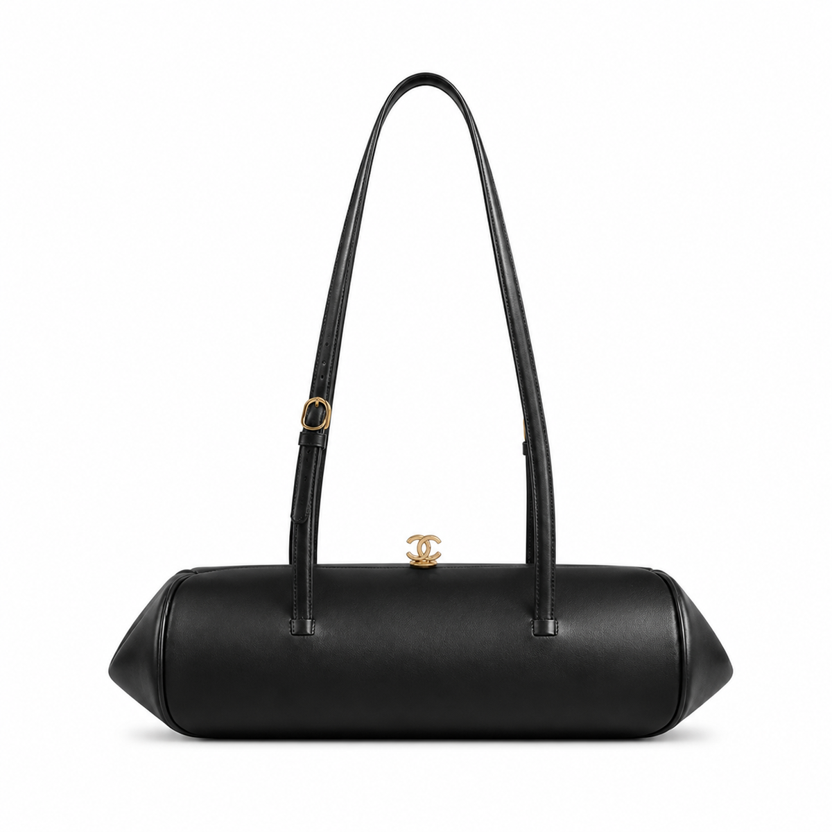 Chanel Vintage Black Smooth Calfskin Torpedo Barrel Shoulder Bag 3D Sculptural CC Clasp Dual Slim Strap 36cm
