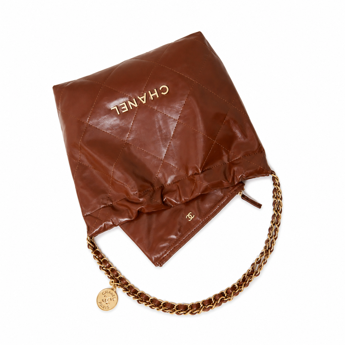 Chanel 22 Large Bag Dark Brown Shiny Calfskin Gold CHANEL Logo Chain CC Medallion 35cm