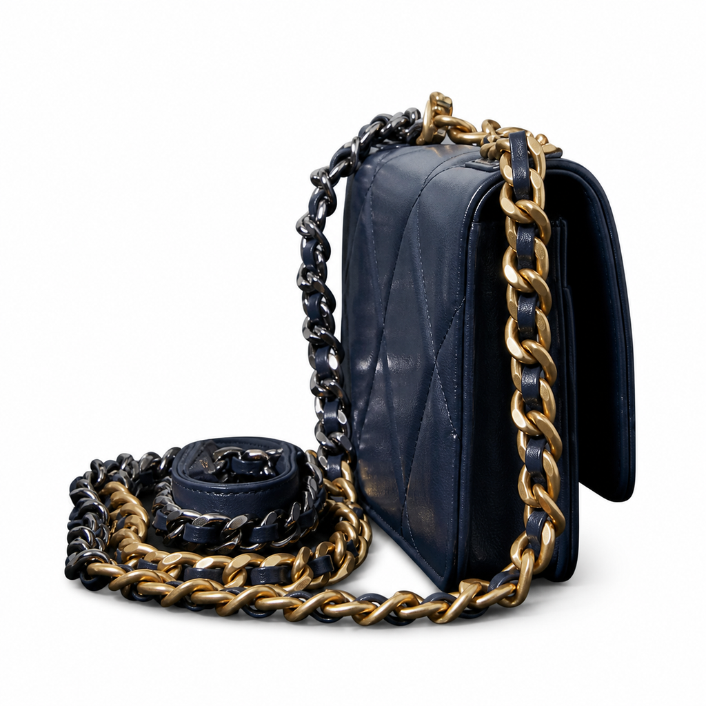 Chanel 19 Large Flap Bag Navy Blue Crinkled Calfskin Mixed Metal Chain CC Turn-Lock 26cm