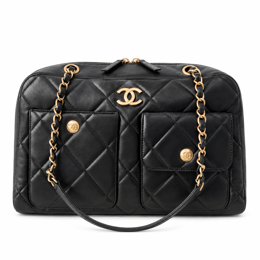 Chanel Quilted Lambskin Dual Pocket Bowling Bag Black 21×33×15cm