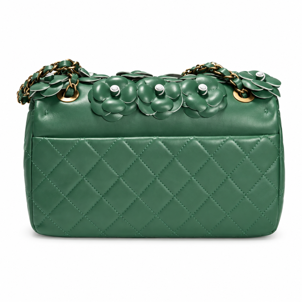 CHANEL Forest Green Camellia Pearl Appliqué Quilted Lambskin Flap Bag
