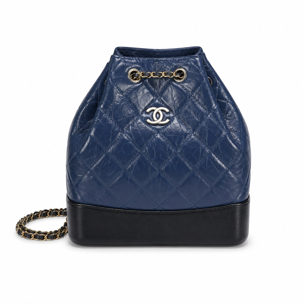 Chanel Gabrielle Backpack Navy Blue Aged Calfskin Black Patent Base Mixed Metal Hardware Drawstring Chain 24cm
