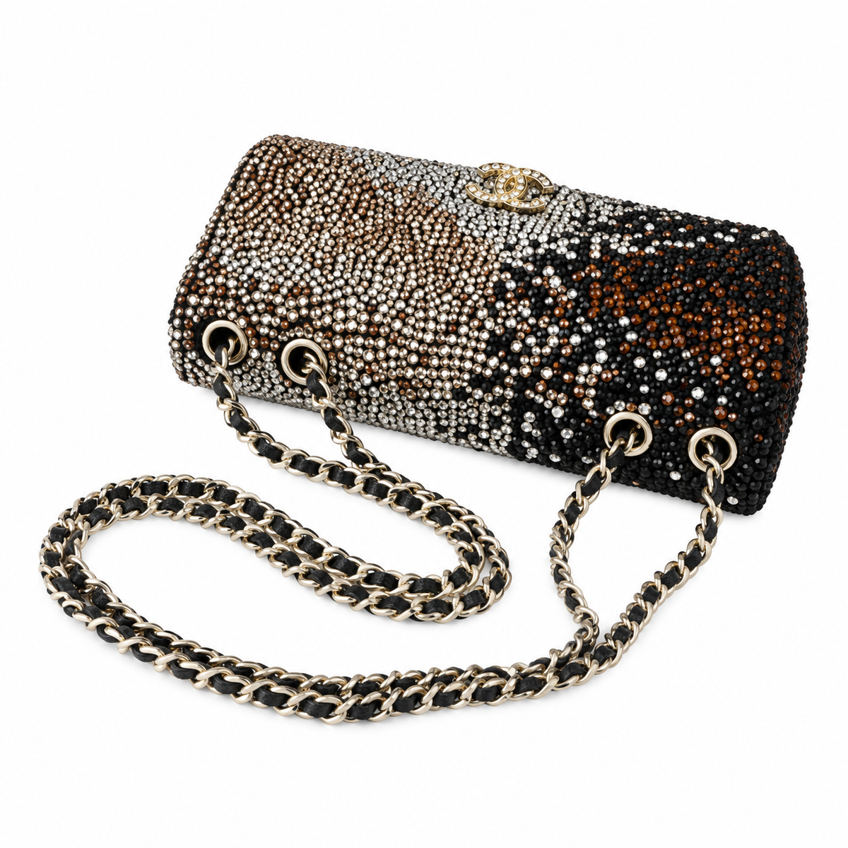 Chanel Crystal Leopard Print Full Rhinestone Mini Flap Evening Bag | Silver CC | Chain Strap | 20cm