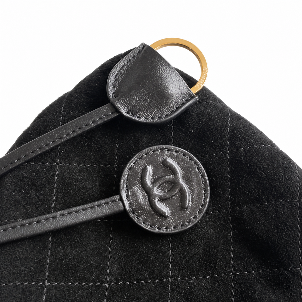 CHANEL Black Quilted Suede Mini Backpack Gold Ring CC Snap Closure