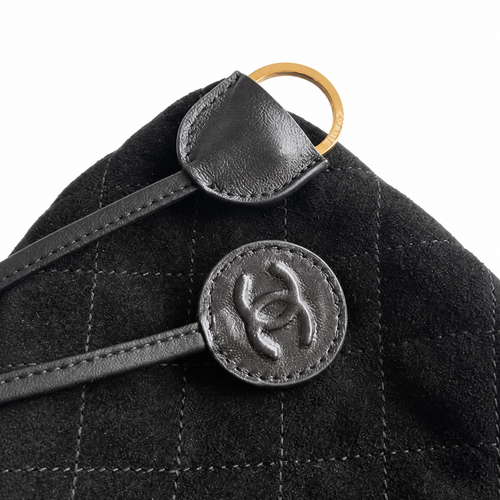 CHANEL Black Quilted Suede Mini Backpack Gold Ring CC Snap Closure