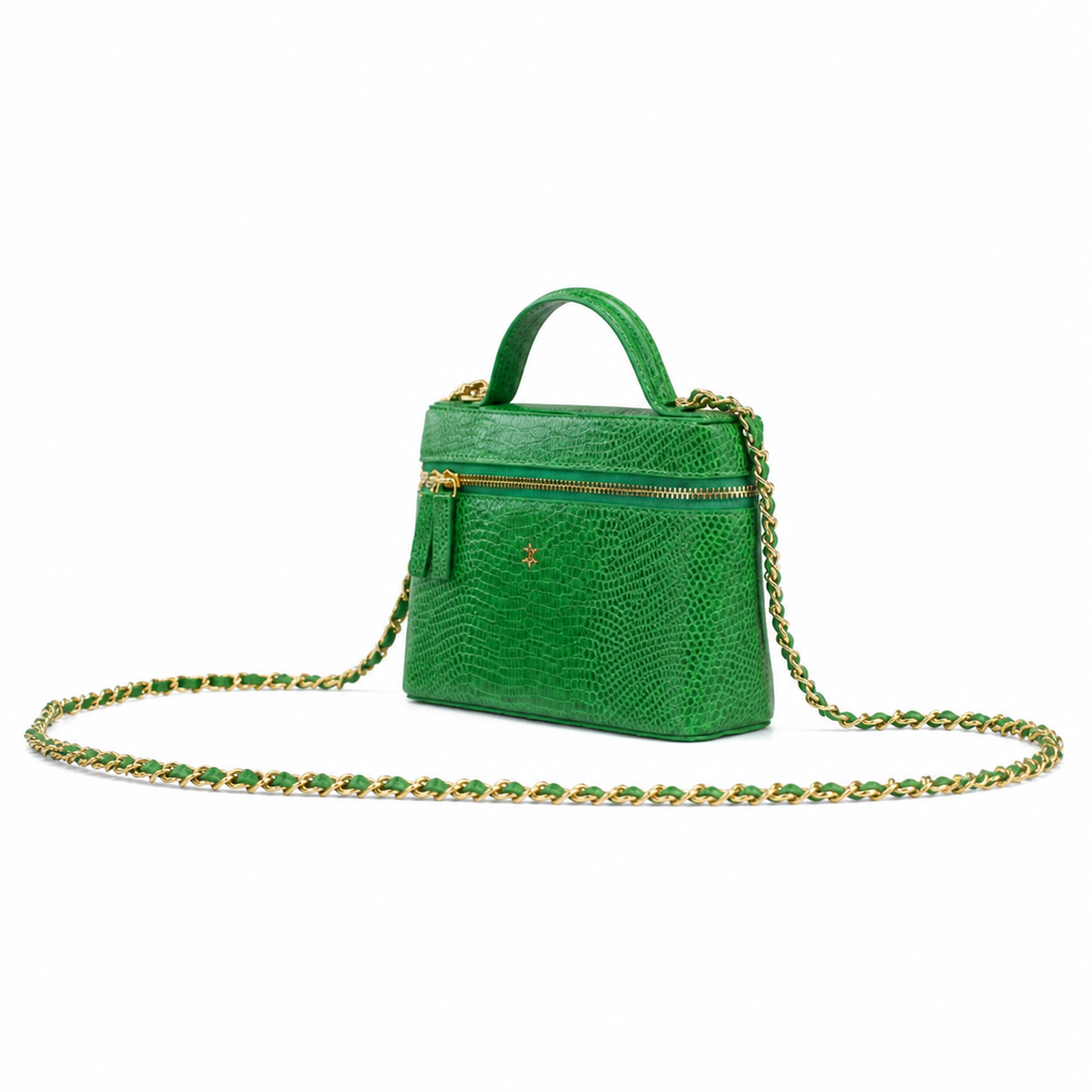 CHANEL Emerald Green Lizard-Embossed Leather Vanity Case Top Handle Chain Bag