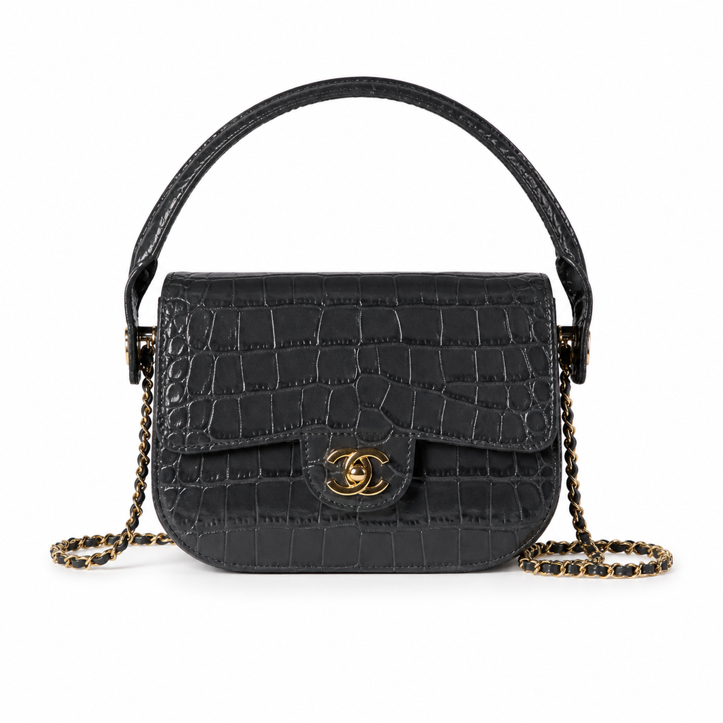 Chanel Flap Bag | Dark Grey Crocodile-Embossed Leather Top Handle & Gold Chain | 19.6cm
