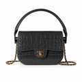 Chanel Flap Bag | Dark Grey Crocodile-Embossed Leather Top Handle & Gold Chain | 19.6cm