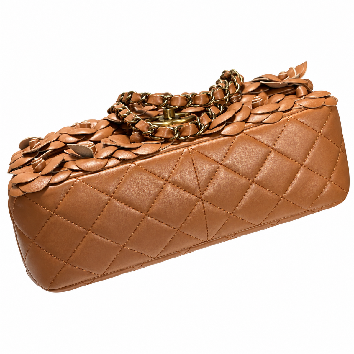 CHANEL Caramel Brown Petal Leather Appliqué Quilted Lambskin Flap Bag