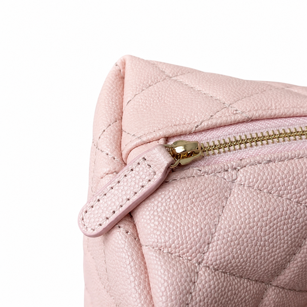 Chanel Light Pink Quilted Caviar Clamshell Cosmetic Pouch Beauty Case Gold CC Logo Gold Zipper 19cm